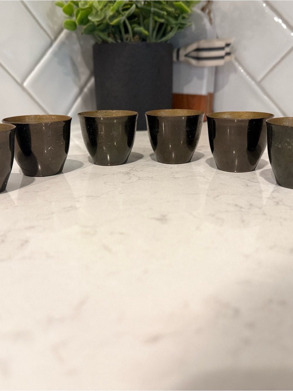 Vintage Set of 6 Brass Cordial Shot Cups – Dark Patina – Mini Barware